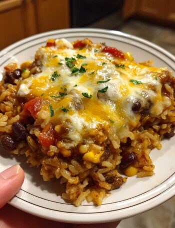 Brown rice and black bean casserole in a glass baking dish with melted cheese