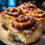 Chai cinnamon rolls in baking pan with icing and spice swirls