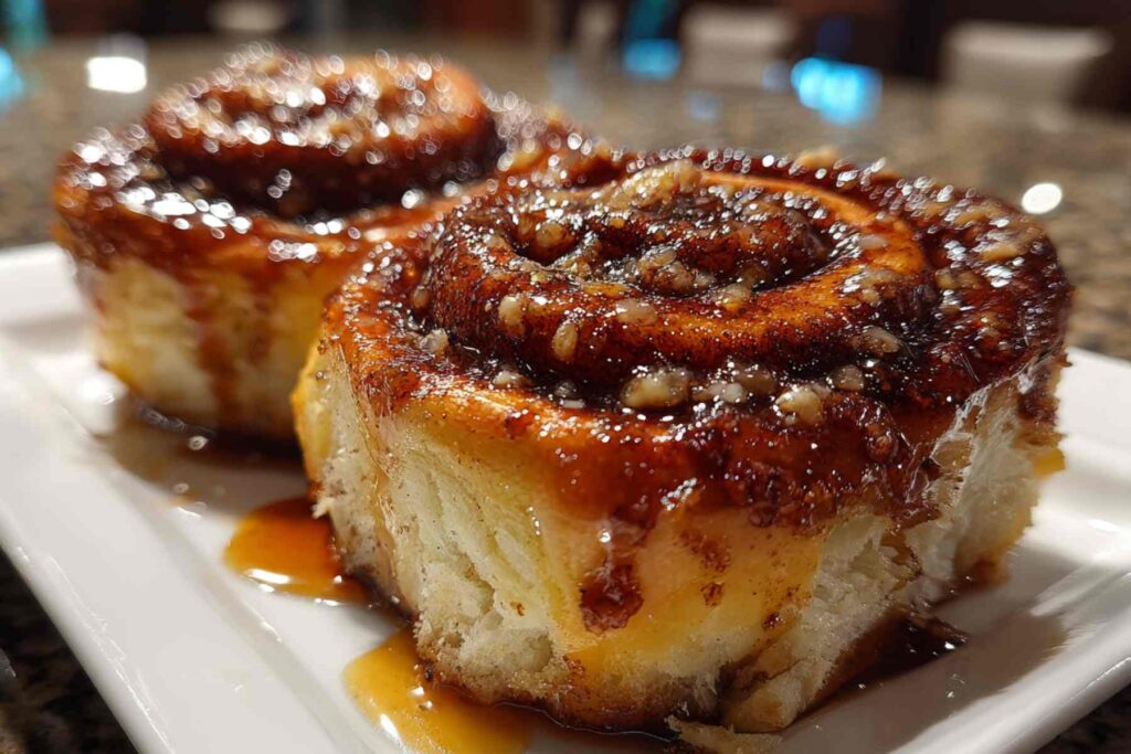 Single chai cinnamon roll with icing on ceramic plate