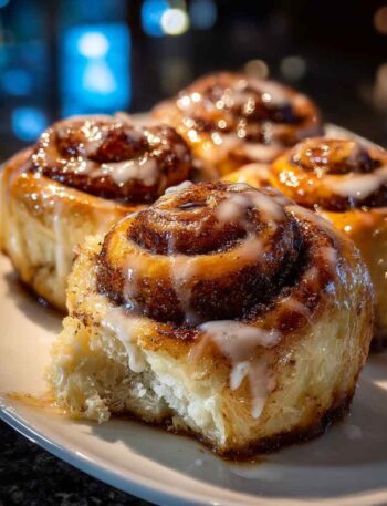 Chai cinnamon rolls in baking pan with icing and spice swirls