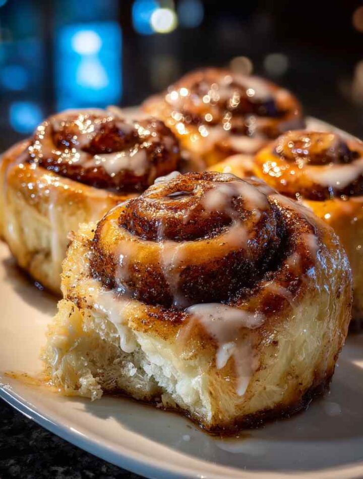 Chai cinnamon rolls in baking pan with icing and spice swirls