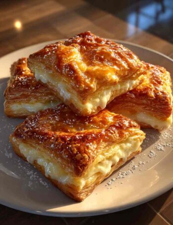 Cheese danish with puff pastry on baking sheet with flaky layers