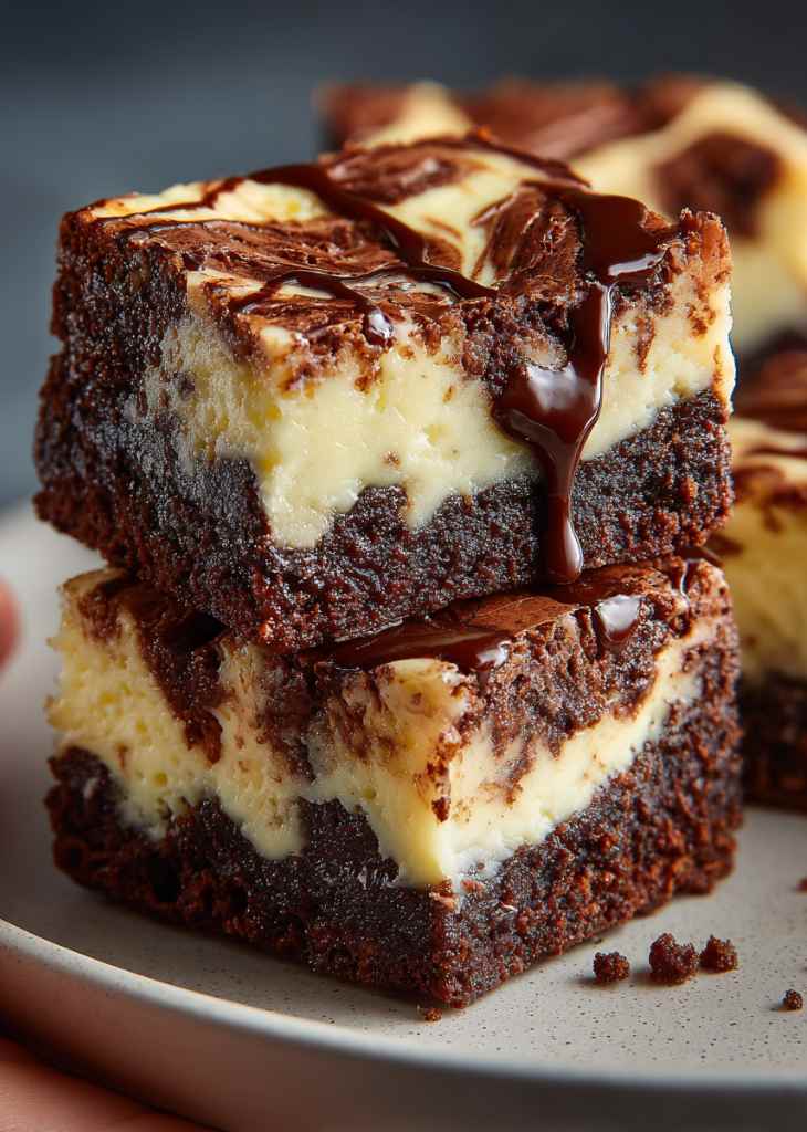 Cheesecake Brownies Cut into Squares in Baking Pan
