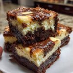 Cheesecake brownies with cream cheese swirls cut in baking pan