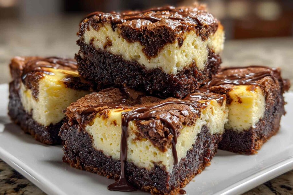 Single cheesecake brownie square with visible swirl on plate