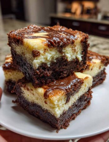 Cheesecake brownies with cream cheese swirls cut in baking pan