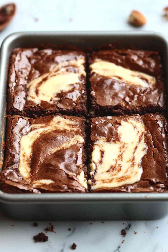 Broken cheesecake brownie showing fudgy interior and cream cheese layer