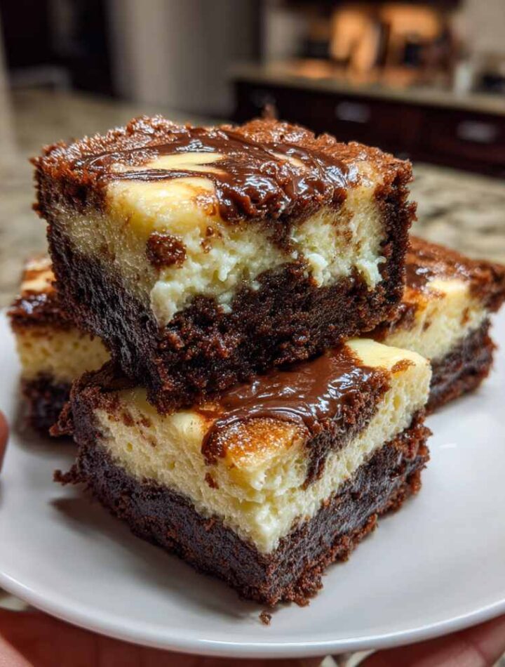 Cheesecake brownies with cream cheese swirls cut in baking pan