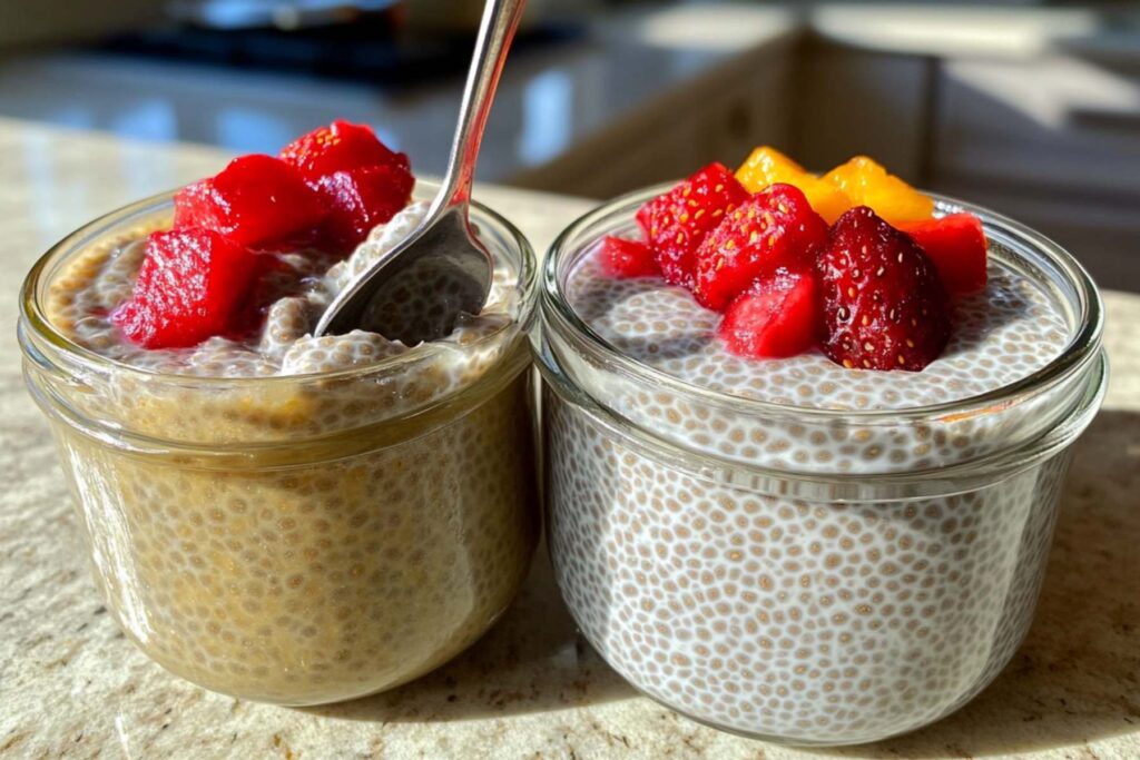 Chia seed pudding topped with banana slices and blueberries in bowl