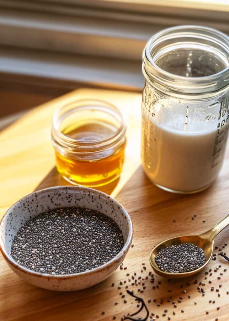 Ingredients for chia seed pudding including chia seeds milk and honey on table