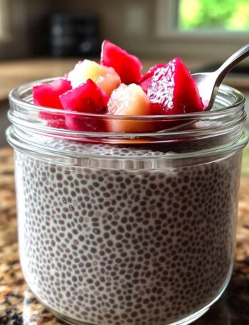 Chia seed pudding in a glass jar with spoon on wooden table
