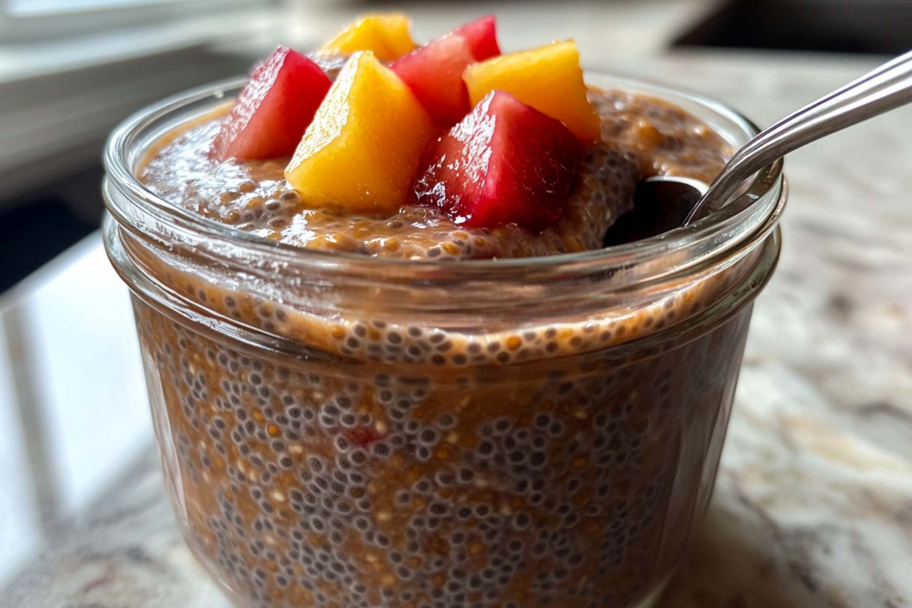 Close-up spoonful of chia seed pudding showing thick texture