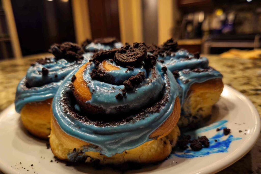 Cookie Monster Cinnamon Rolls with Blue Frosting in Pan