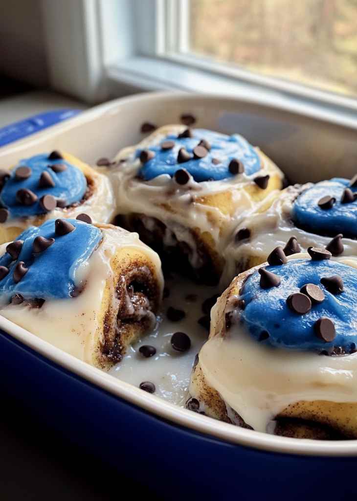 Single Cookie Monster Cinnamon Roll with blue frosting on plate