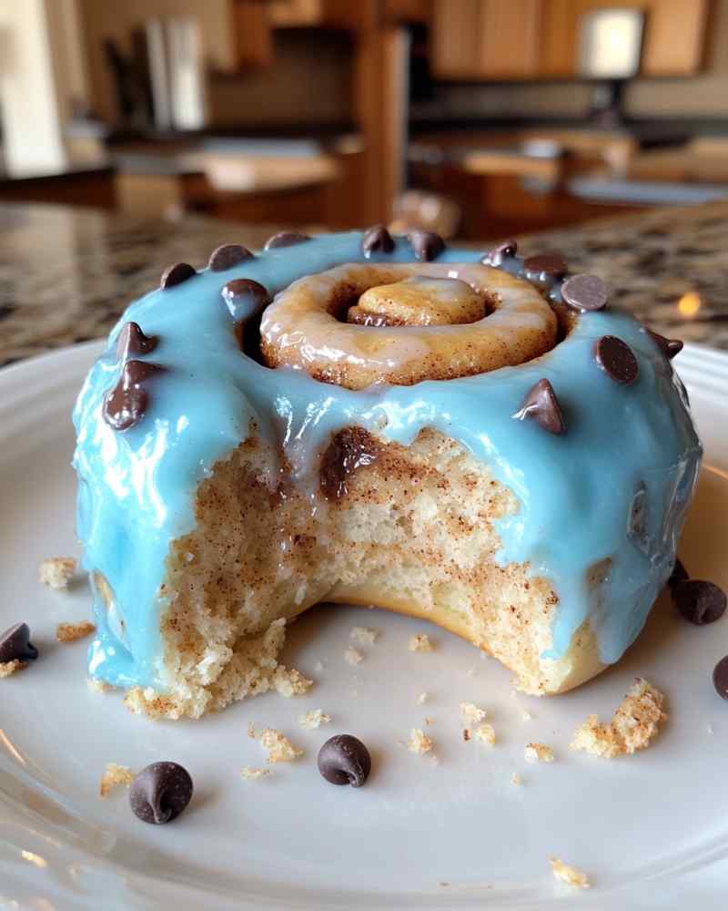 Pulled apart Cookie Monster Cinnamon Roll showing soft interior