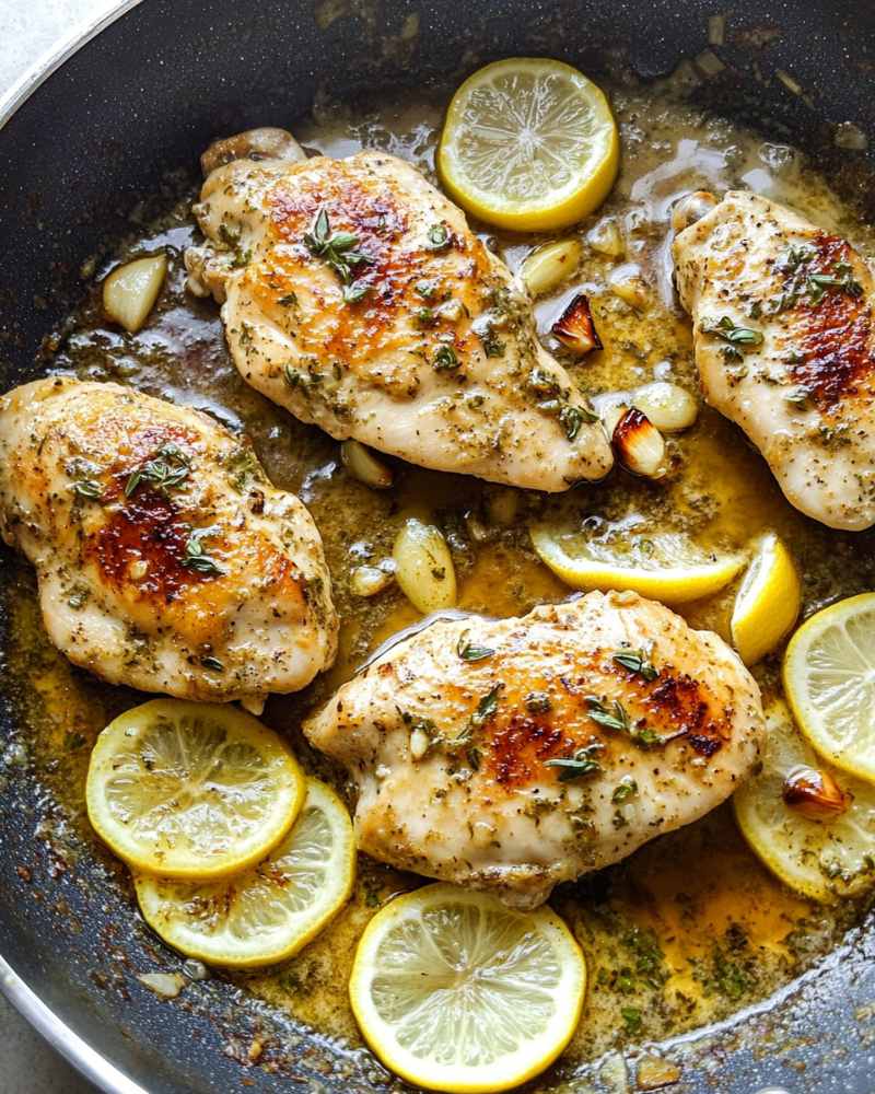 Greek Chicken baking in a dish with lemon slices and herbs