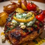 Greek Chicken grilled with herbs and light charring on a ceramic plate