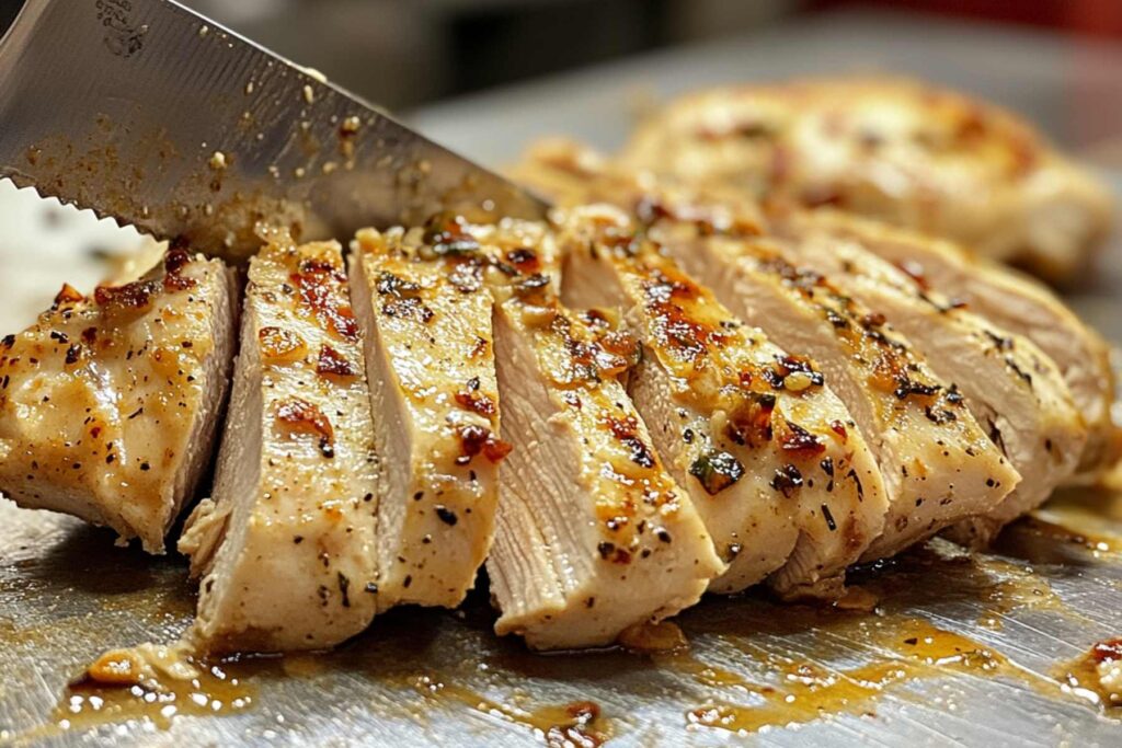 Sliced Greek Chicken showing juicy interior and browned exterior