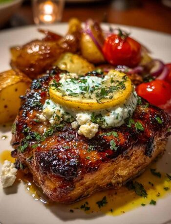 Greek Chicken grilled with herbs and light charring on a ceramic plate