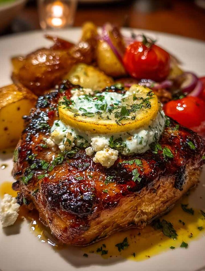 Greek Chicken grilled with herbs and light charring on a ceramic plate