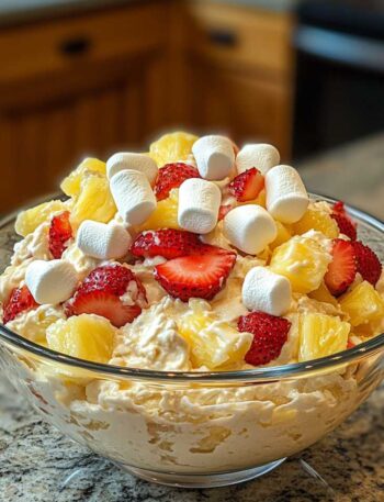 Hawaiian Cheesecake Salad in glass bowl with pineapple and marshmallows