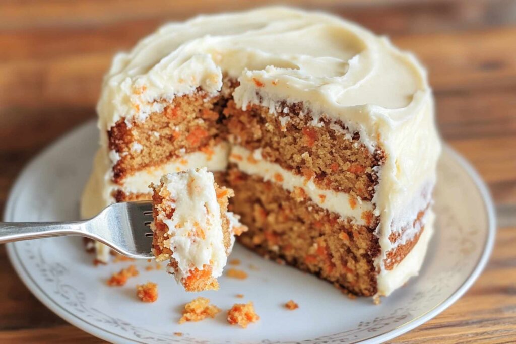 Carrot cake batter with shredded carrots in mixing bowl