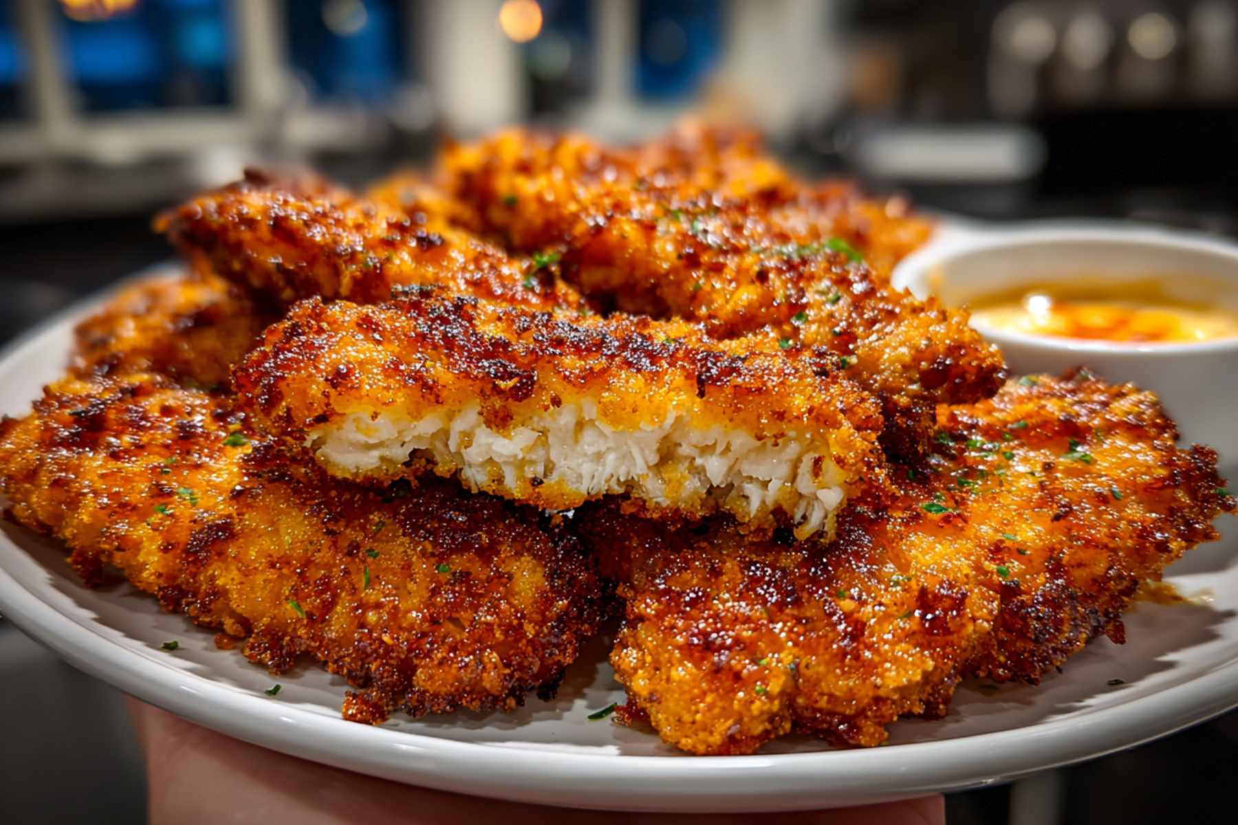 Air fryer chicken tenders cooling on rack with crispy coating