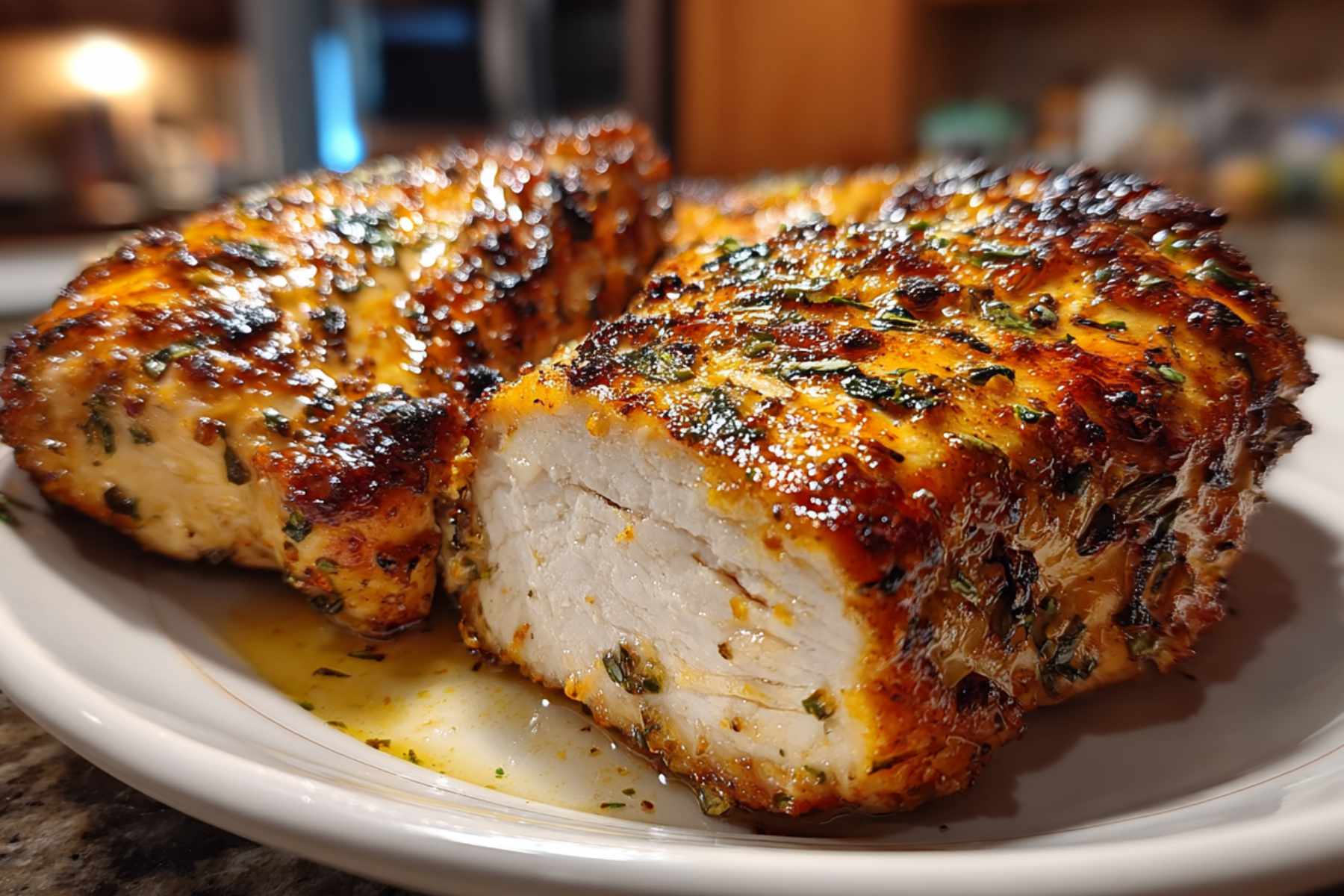 Air fryer chicken breast resting on cutting board before slicing