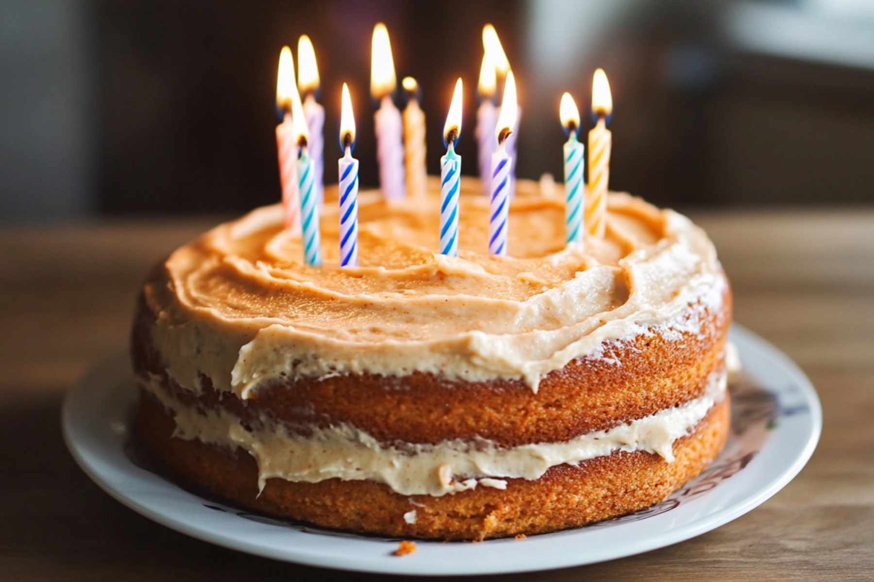 Carrot cake birthday cake with lit candles on dining table