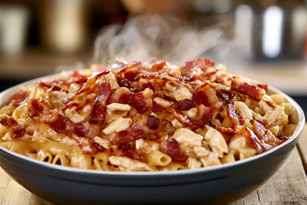 Seasoned raw chicken for chicken bacon ranch pasta on cutting board