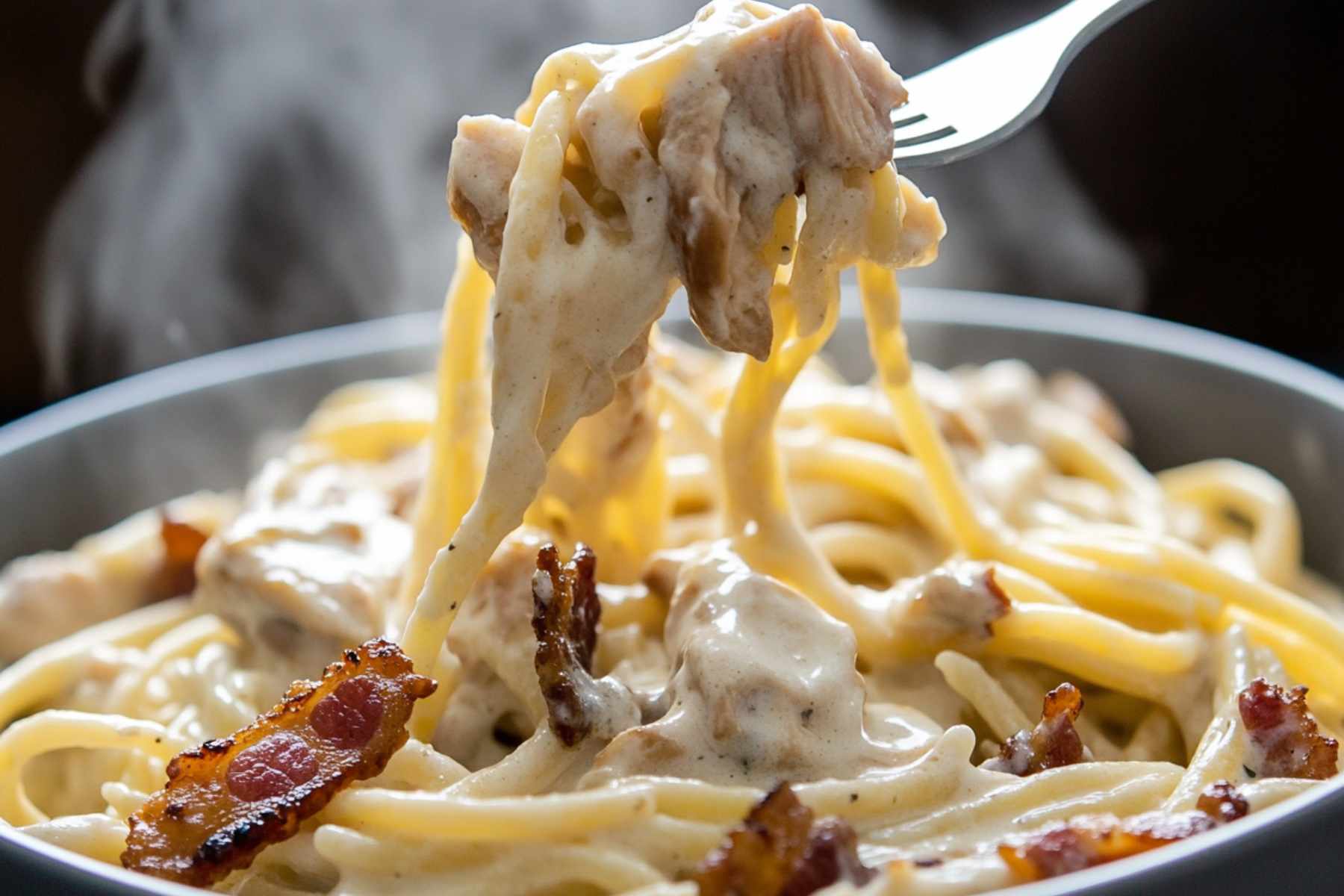 Chicken bacon ranch pasta in casserole dish with spoon and creamy sauce