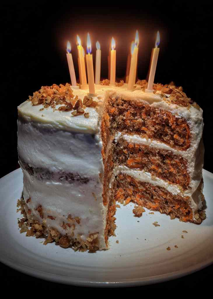 Close-up of frosting on carrot cake birthday cake with carrot strands