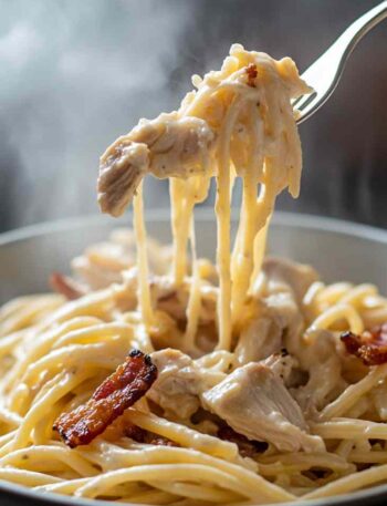 Chicken bacon ranch pasta in skillet with creamy sauce and bacon