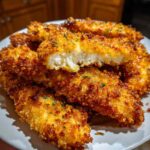 Air fryer chicken tenders in basket with crispy breading