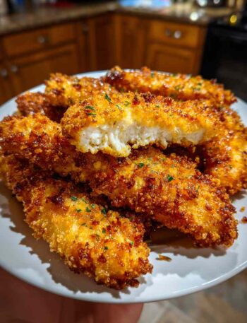 Air fryer chicken tenders in basket with crispy breading