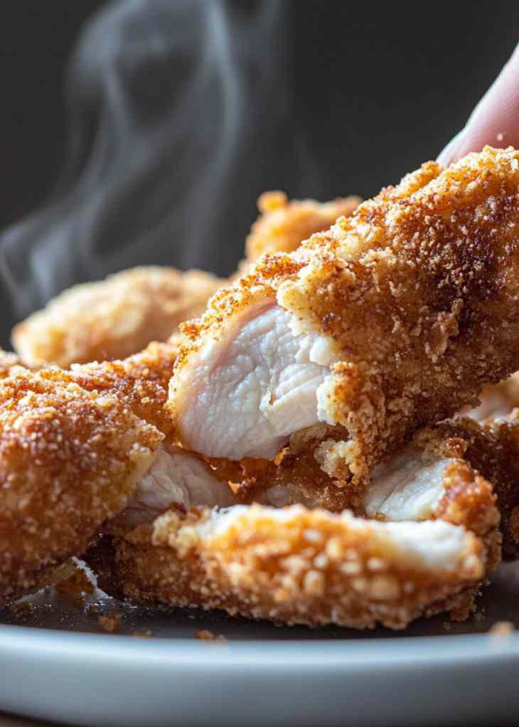 Close-up of air fryer chicken tenders showing crispy crust and juicy inside