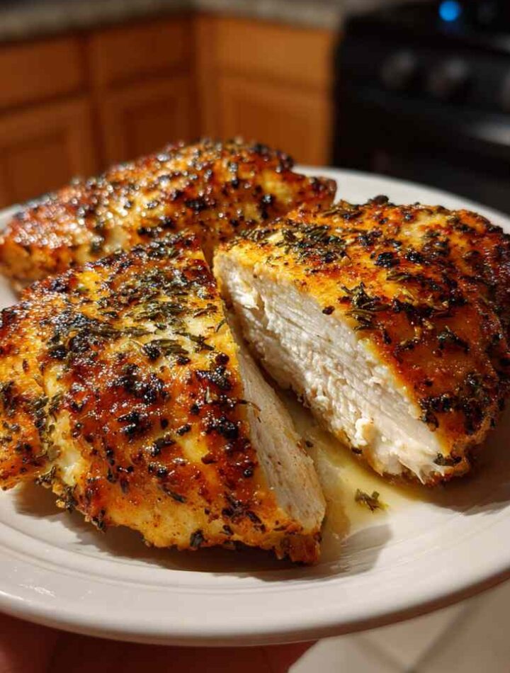 Air fryer chicken breast in basket with browned seasoned surface