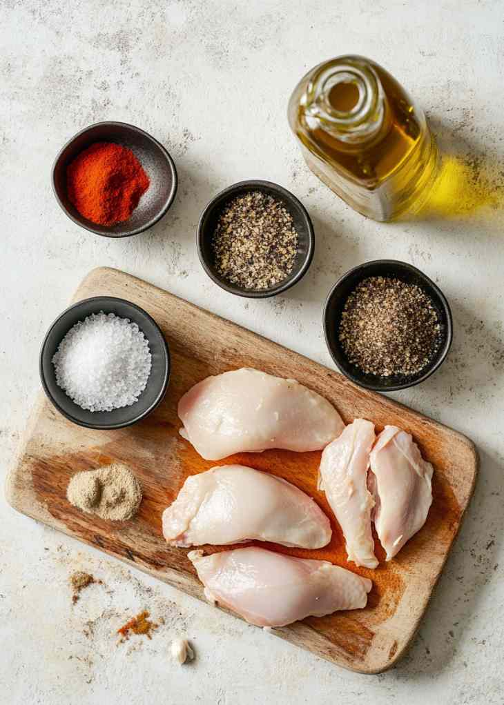 Ingredients for air fryer chicken breast including spices and olive oil