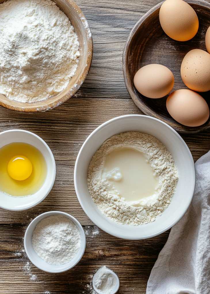 Ingredients for baked donut recipes including flour eggs milk and sugar