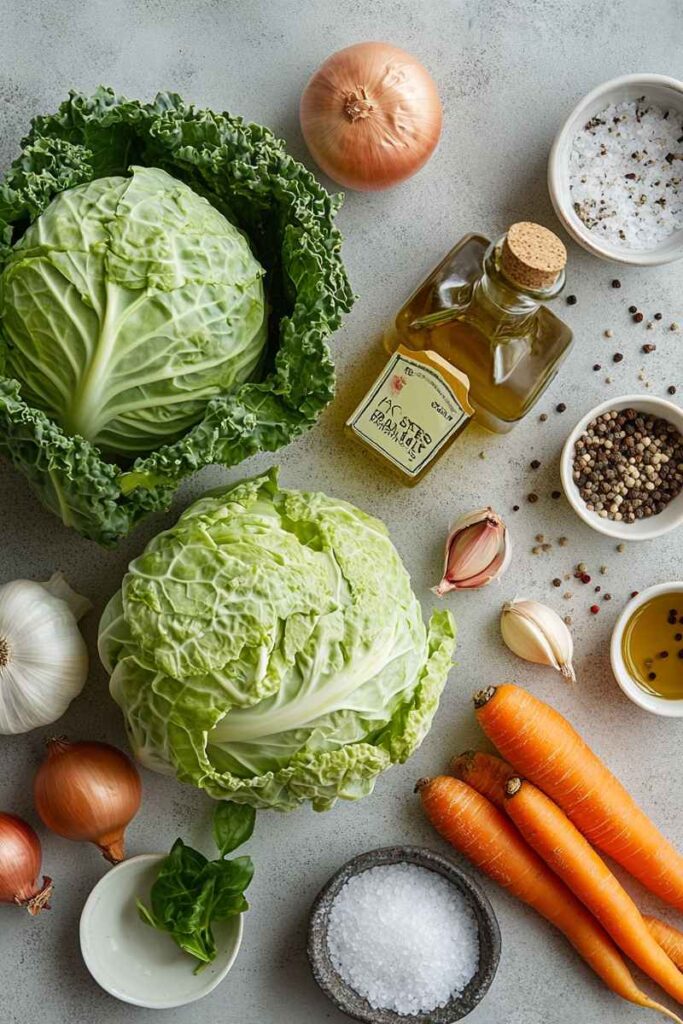 Ingredients for cabbage recipes including cabbage carrots and onion