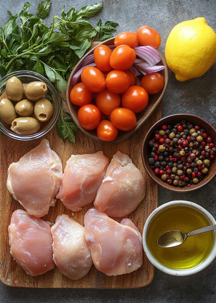 Ingredients for Mediterranean chicken recipes including chicken olives and lemon