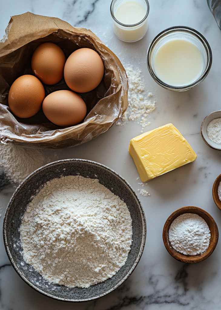 Ingredients for Sheet Pan Pancakes including flour eggs and milk