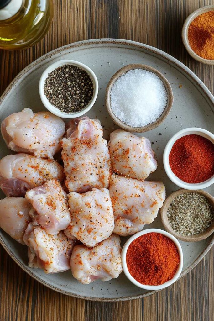 Ingredients for air fryer chicken thighs with raw chicken and spices
