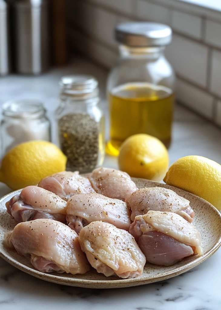Ingredients for Greek Chicken including raw chicken, lemons, and oregano