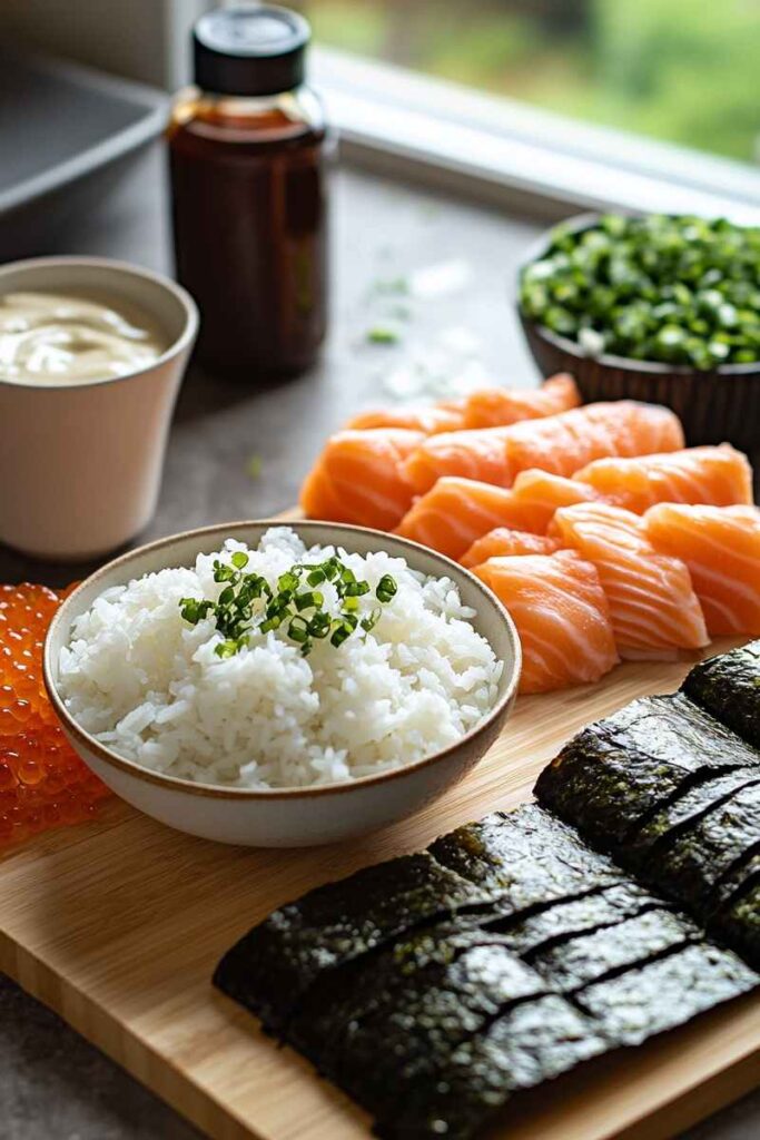 Ingredients for the Easy Sushi Bake Recipe on Counter