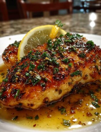 Lemon herb chicken in metal baking dish with lemon slices and herbs