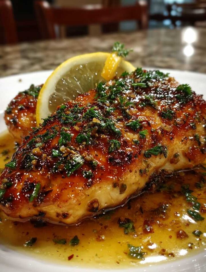 Lemon herb chicken in metal baking dish with lemon slices and herbs