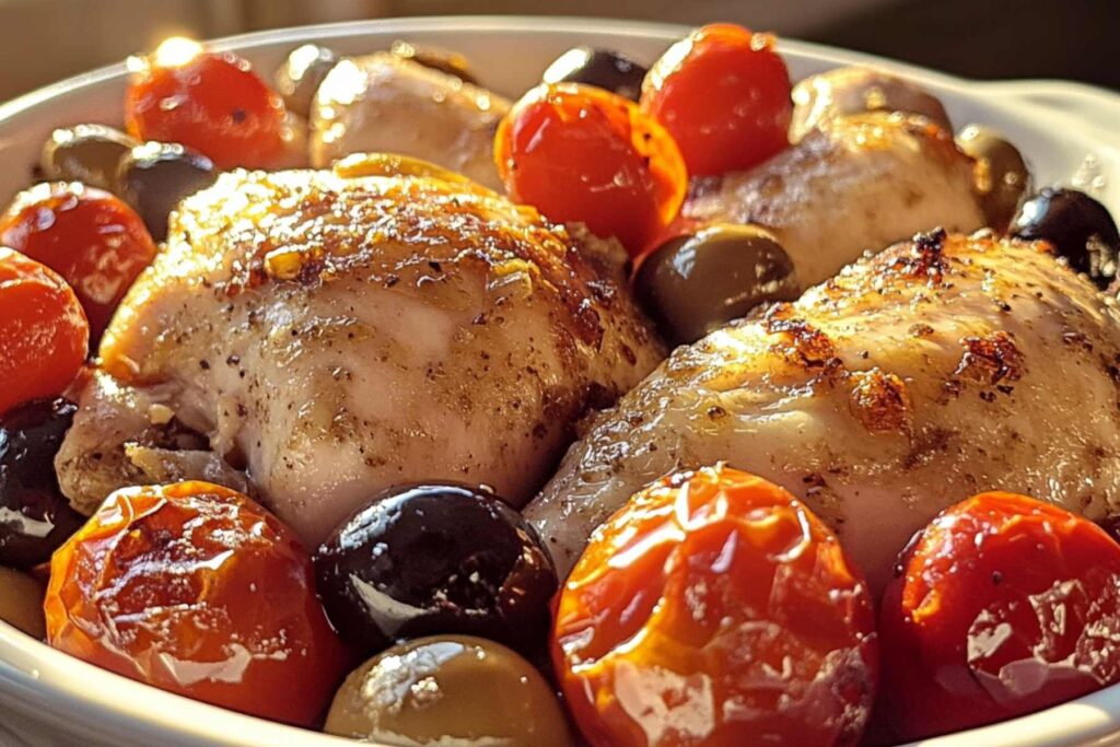 Baked Mediterranean chicken with olives and feta in dish