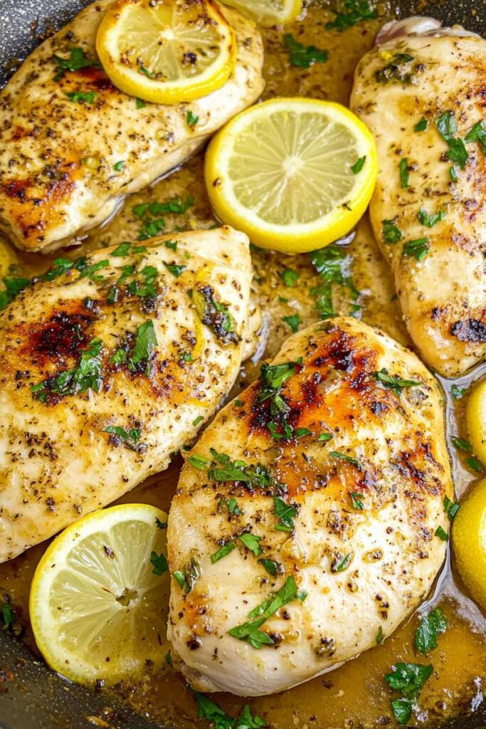 Mediterranean chicken with vegetables cooking in skillet