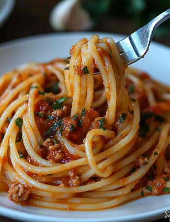 One pot spaghetti recipe simmering in large pot on stove